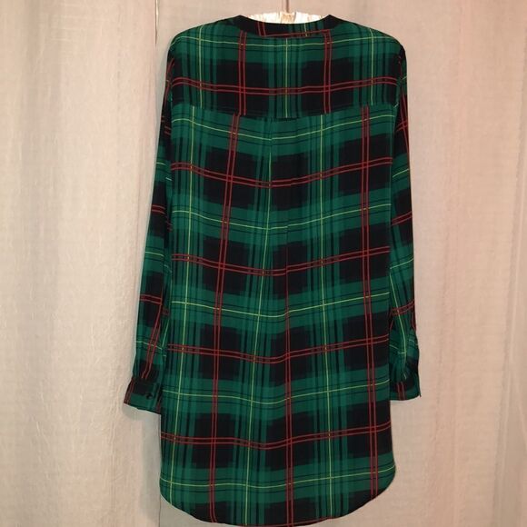 Gianni Bini L High Low Green Black Red Yellow Plaid Top Large - Picture 2 of 10